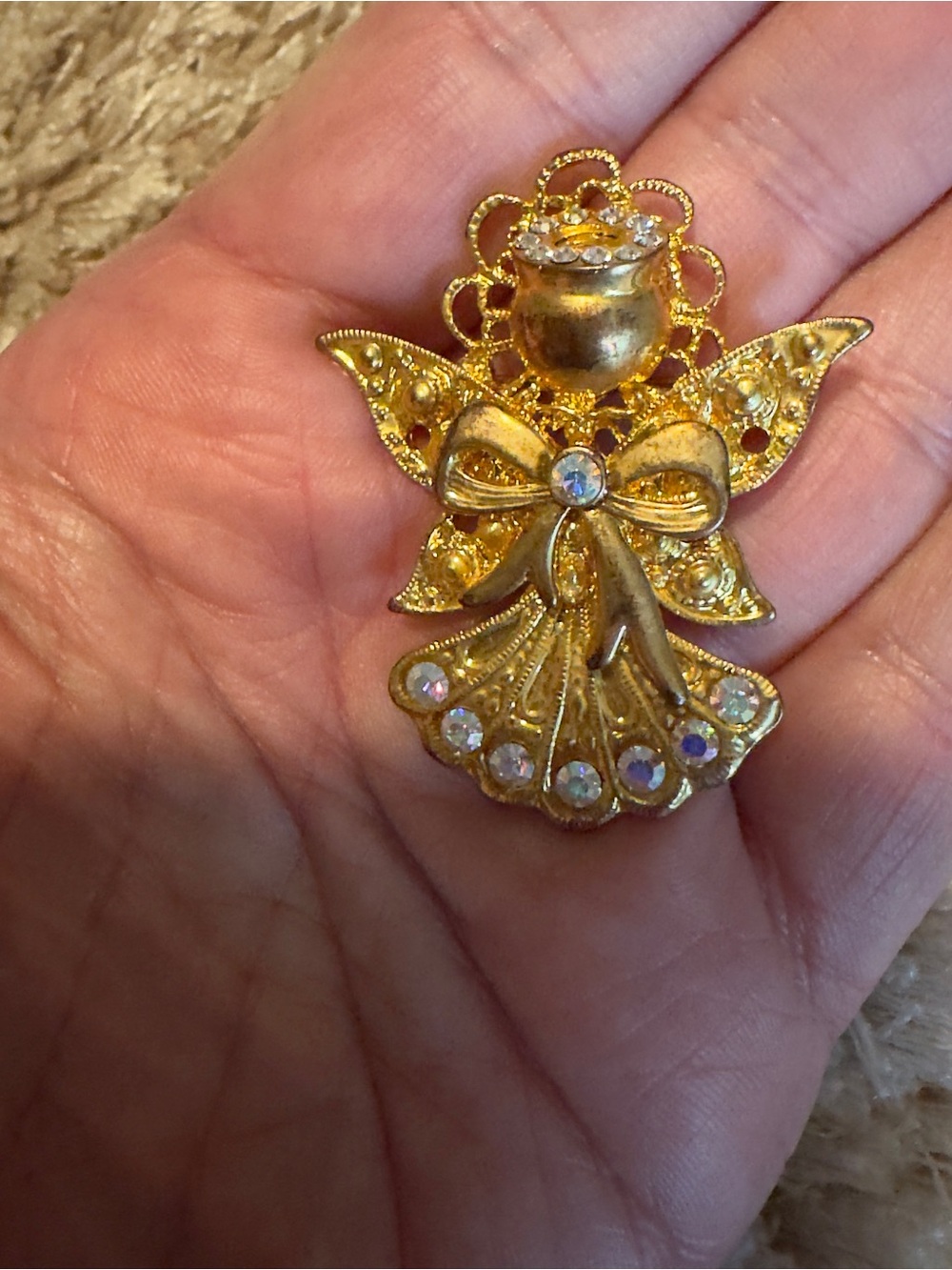 Gold-Tone Angel Brooch with Aurora Crystal Accents